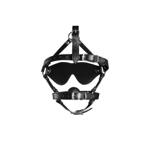 Uprząż na twarz z kneblem czarna Blindfolded Head Harness with Solid Ball Gag SHOTS