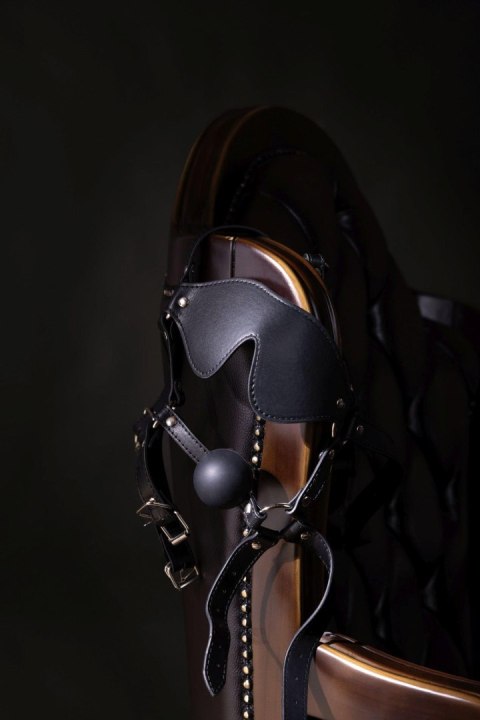 Uprząż na twarz z kneblem czarna Blindfolded Head Harness with Solid Ball Gag SHOTS