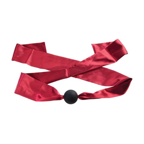 Silicone ball gag with satin straps.