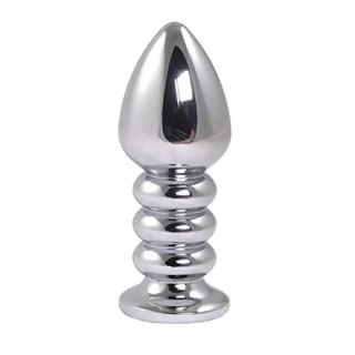 Silver large ribbed butt plug with pink crystal