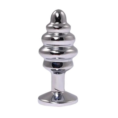 Silver medium ribbed butt plug with pink crystal