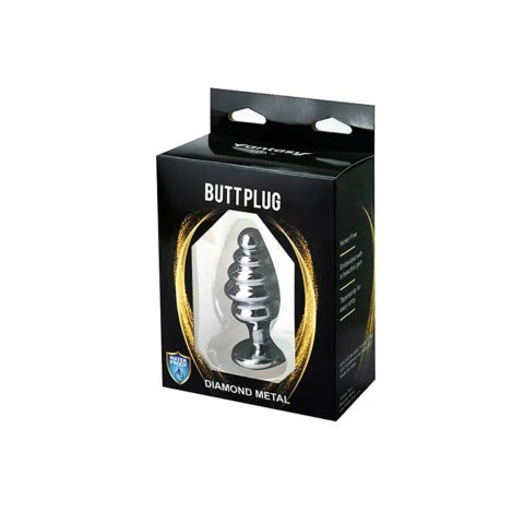 Silver medium ribbed butt plug with pink crystal