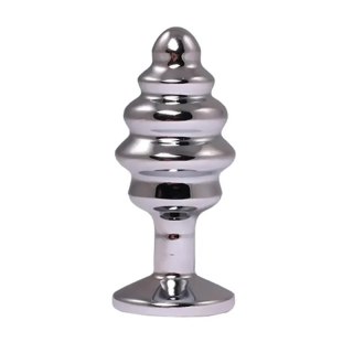Silver medium ribbed butt plug with red crystal