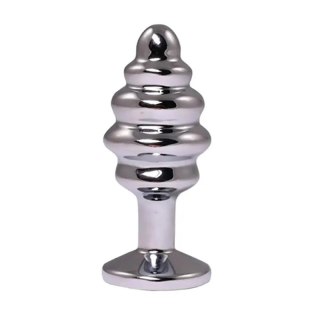 Silver medium ribbed butt plug with white crystal