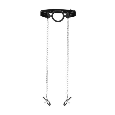 Rozwieracz do ust z klamerkami na sutki O-Ring Ball Gag with Nipple Clamps