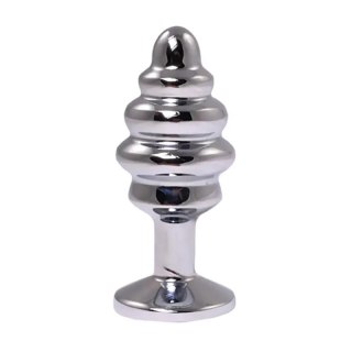 Silver small ribbed butt plug with pink crystal