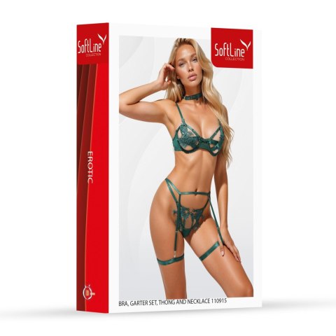 Bra, garter set, thong and necklace 110915 green S/M