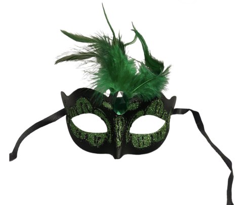 Maska zielona z piórkiem Venetian Mask Green with Green Stone and Feather