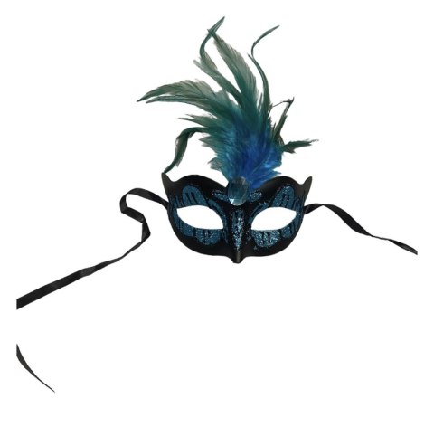 Maska niebieska z piorkiem Venetian Mask Light Blue with Light Blue Stone and Feather
